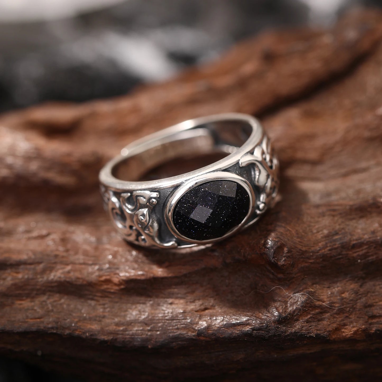 SA SILVERAGE 925 Sterling Silver Black Stone Adjustable Wedding Ring for Men Silver Band Statement Ring Wedding Bands