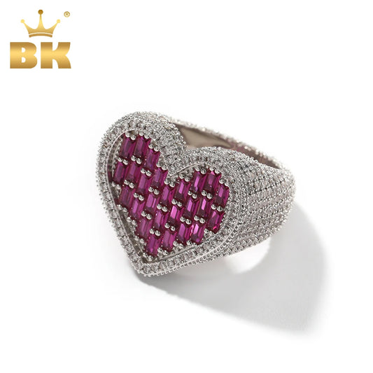 THE BLING KING Big Baguettecz Heart Ring Full Paved Out Square Red Purplle Cubic Zirconia HipHop Ring Punk Jewelry For Men Women