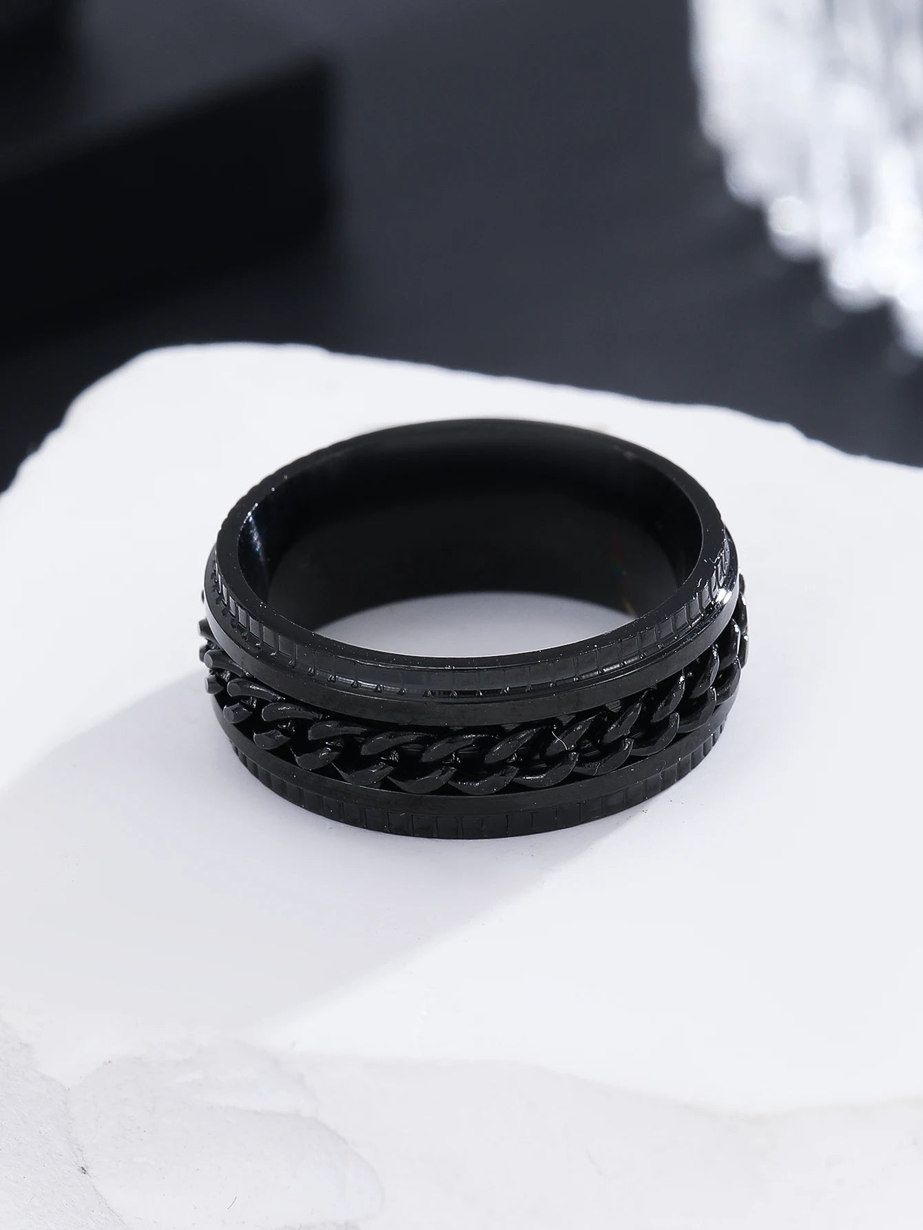 Hip Hop Punk Men Rings Stainless Steel Rotatable High Quality Black Anxiety Fidget Multifunctional Spinner Chain Rings Jewelry