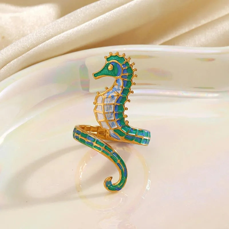 Hip Hop Ocean Elements Hippocampus Ring for Women Personality Exaggerated Seaside Vacation Wear Stainless Steel Ring Jewelry
