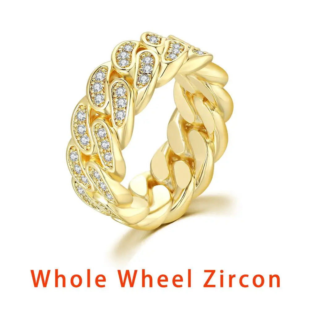 Hip Hop Cuban Link Ring For Women Men Hollow Crystal Zircon Gold Color Finger Rings Accessories Hippie Punk Jewelry OHR021