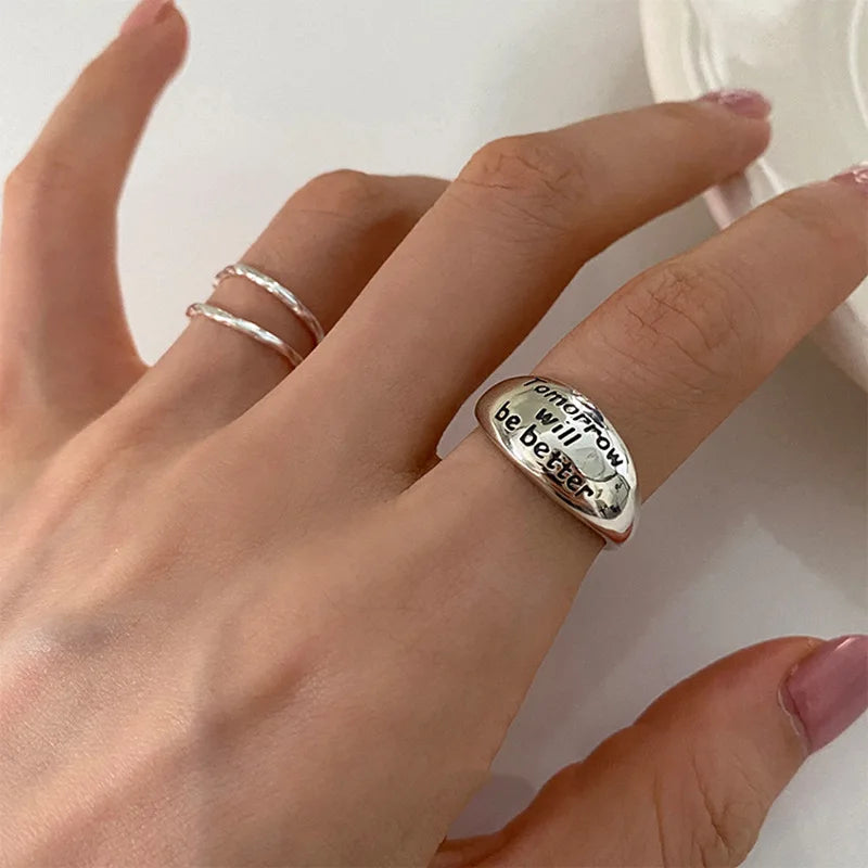 New Fashion Silver Color Open Finger Ring Letters Words Wish Wide Punk Stackable For Women Girl Jewelry Gift Dropship