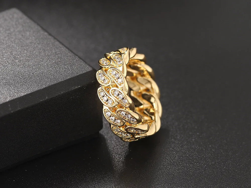 Hip Hop Cuban Link Ring For Women Men Hollow Crystal Zircon Gold Color Finger Rings Accessories Hippie Punk Jewelry OHR021