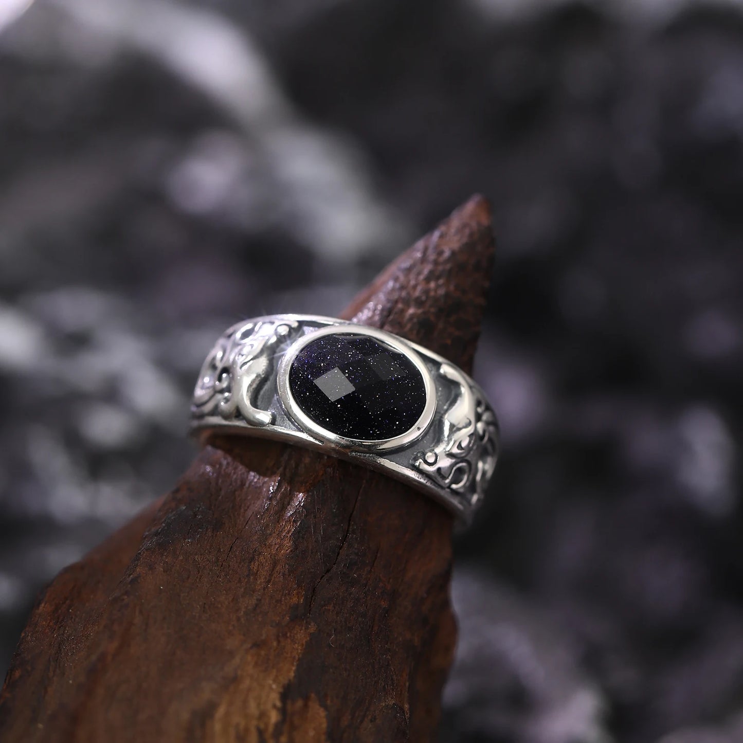 SA SILVERAGE 925 Sterling Silver Black Stone Adjustable Wedding Ring for Men Silver Band Statement Ring Wedding Bands