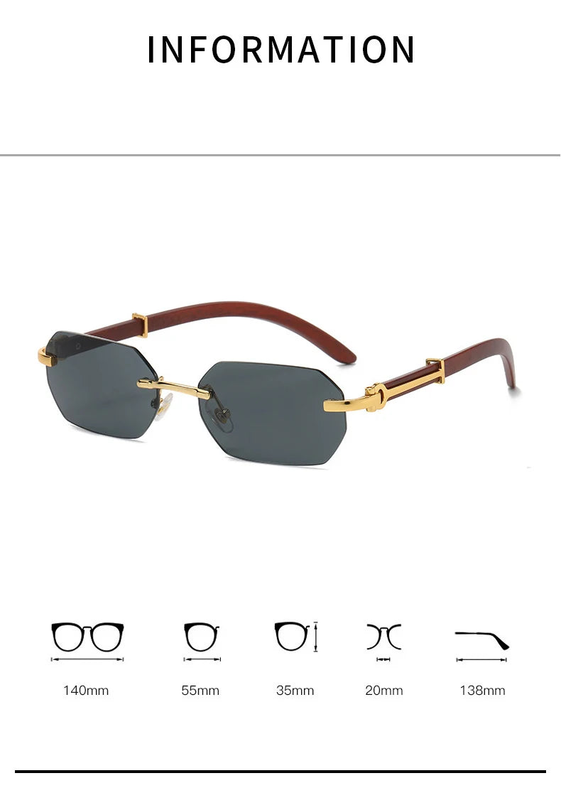 Trendy Rimless Sunglasses for Men Women Frameless Rectangle Wood Frame Sun Glasses Retro Shades Summer Traveling Eyewear UV400