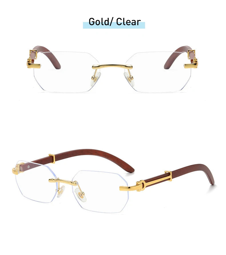 Trendy Rimless Sunglasses for Men Women Frameless Rectangle Wood Frame Sun Glasses Retro Shades Summer Traveling Eyewear UV400