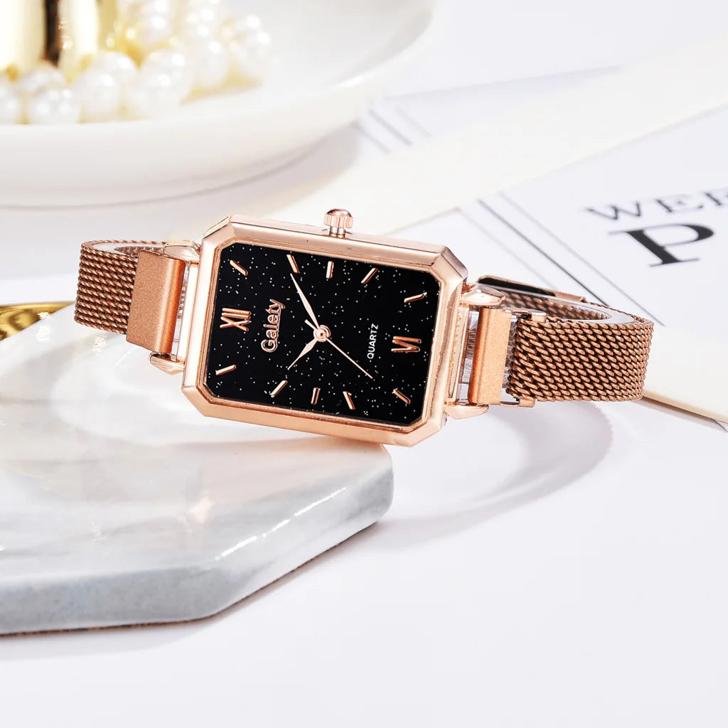 2pcs Set Women Watches Fashion Square Ladies Quartz Watch Bracelet Simple Rose Gold Mesh Luxury Women Watches Relogio Feminino