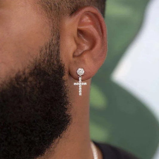 Male HipHop Ear Studs Full White Zircon Cross Stud Earrings For Men Women Punk Vintage Gold Silver Color Unisex Party Jewelry