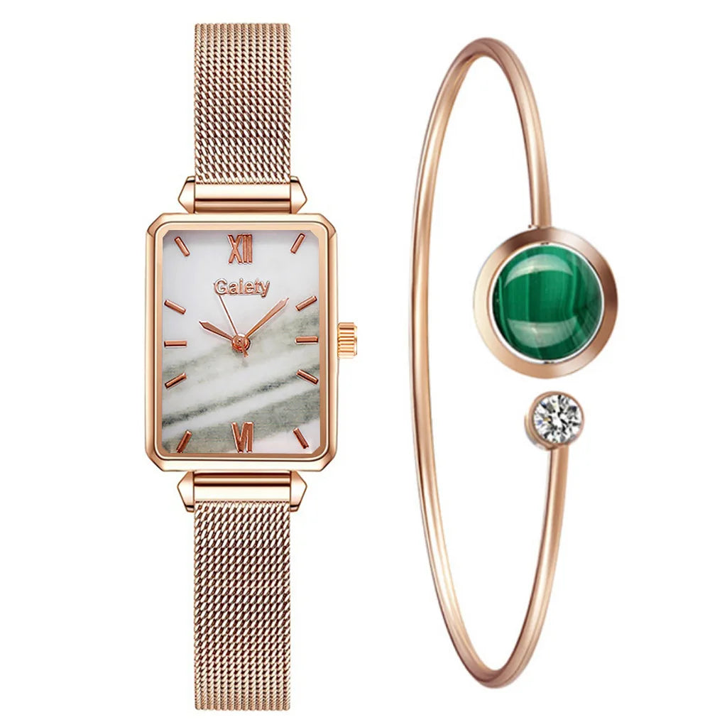 2pcs Set Women Watches Fashion Square Ladies Quartz Watch Bracelet Simple Rose Gold Mesh Luxury Women Watches Relogio Feminino
