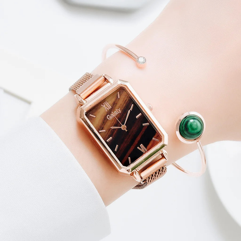 2pcs Set Women Watches Fashion Square Ladies Quartz Watch Bracelet Simple Rose Gold Mesh Luxury Women Watches Relogio Feminino