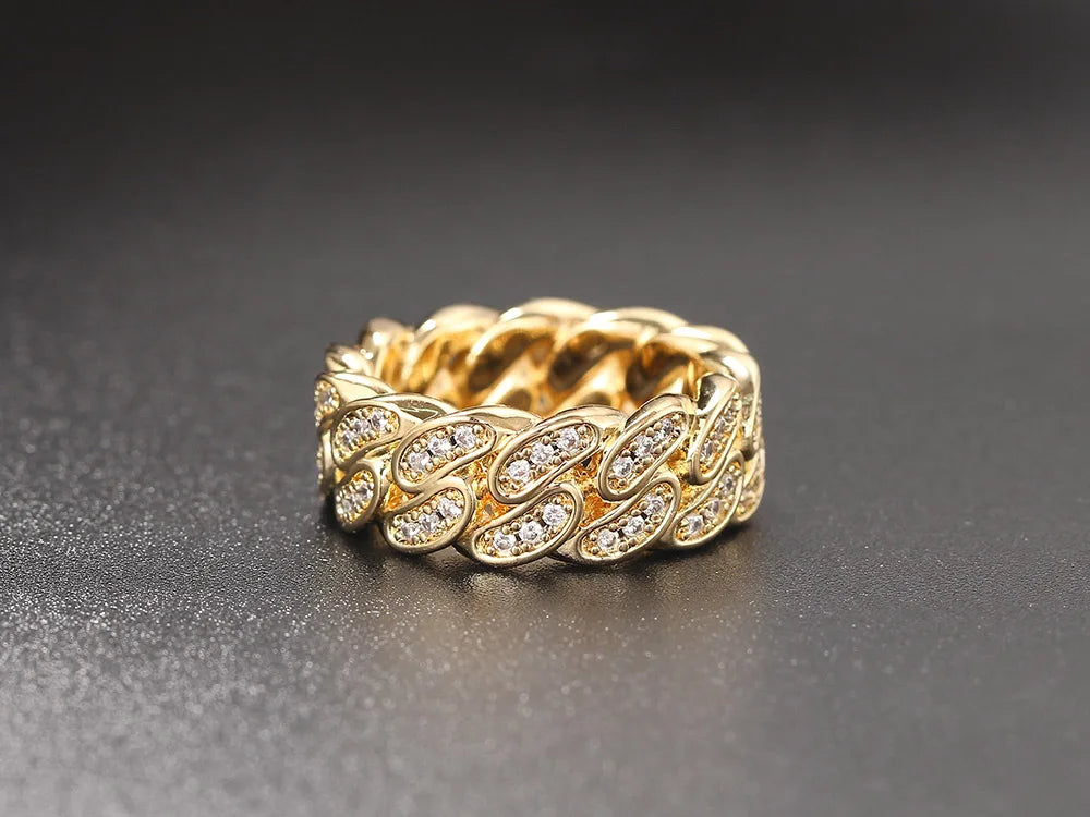 Hip Hop Cuban Link Ring For Women Men Hollow Crystal Zircon Gold Color Finger Rings Accessories Hippie Punk Jewelry OHR021