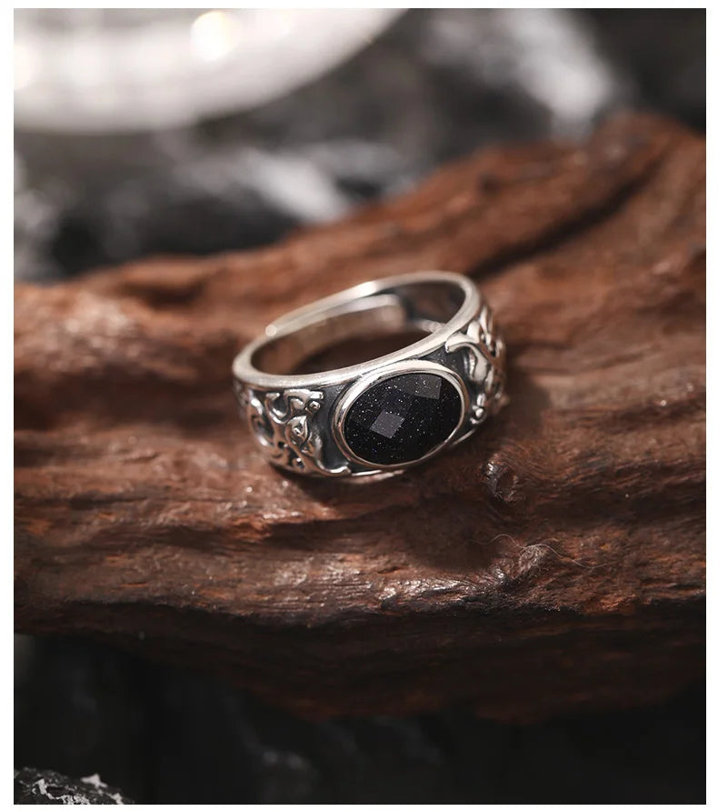SA SILVERAGE 925 Sterling Silver Black Stone Adjustable Wedding Ring for Men Silver Band Statement Ring Wedding Bands