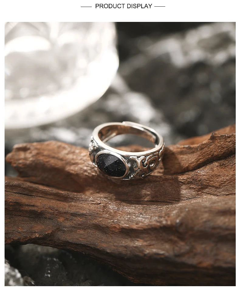 SA SILVERAGE 925 Sterling Silver Black Stone Adjustable Wedding Ring for Men Silver Band Statement Ring Wedding Bands