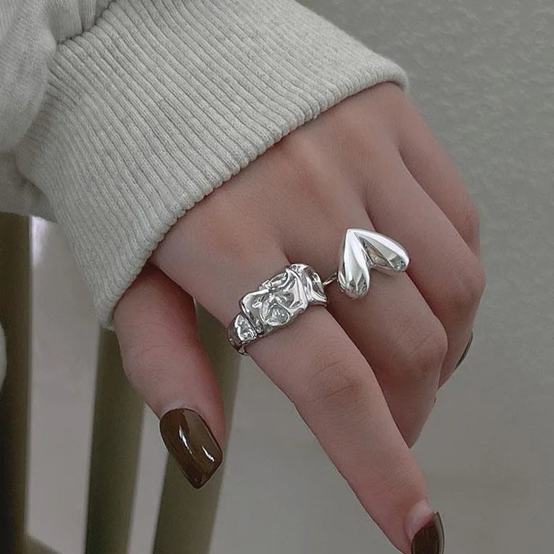 LATS Sweet Cool Silver Color Rings for Women Girl Korea Elegant Simple Smooth LOVE Heart Ring Fashion Jewelry Accessories