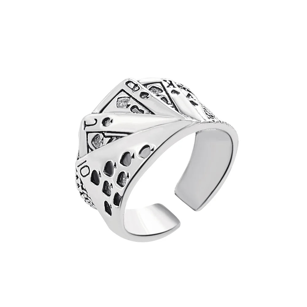 Punk Retro Metal Playing Card Ring Personality Hip Hop Rock Open Ring for Men Women Gothic Finger Jewellery Accessories Gifts