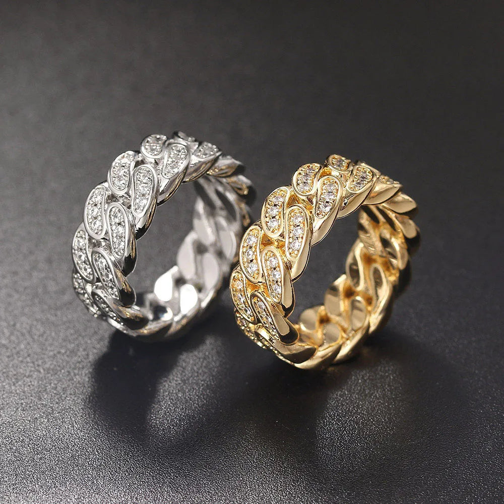 Hip Hop Cuban Link Ring For Women Men Hollow Crystal Zircon Gold Color Finger Rings Accessories Hippie Punk Jewelry OHR021