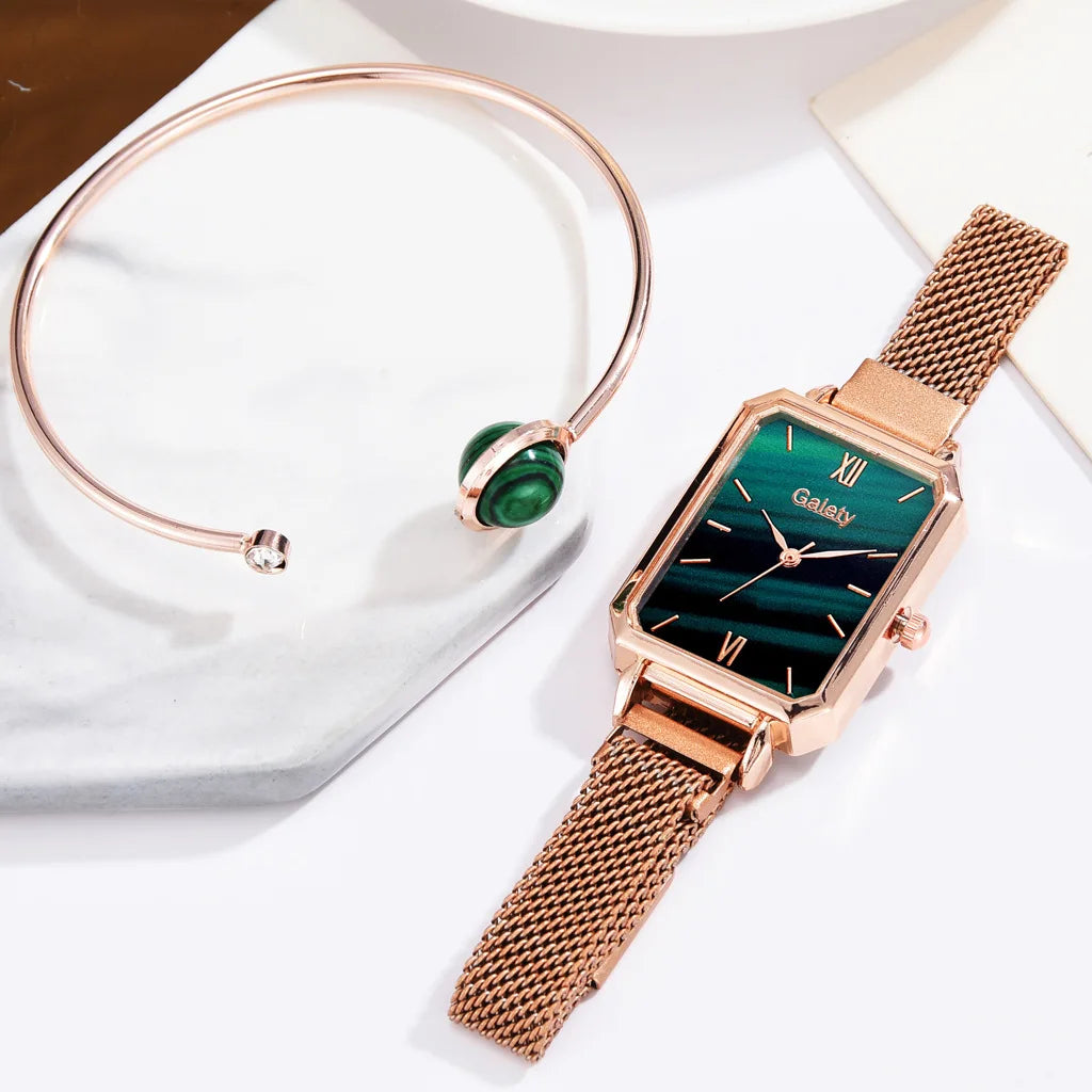 2pcs Set Women Watches Fashion Square Ladies Quartz Watch Bracelet Simple Rose Gold Mesh Luxury Women Watches Relogio Feminino