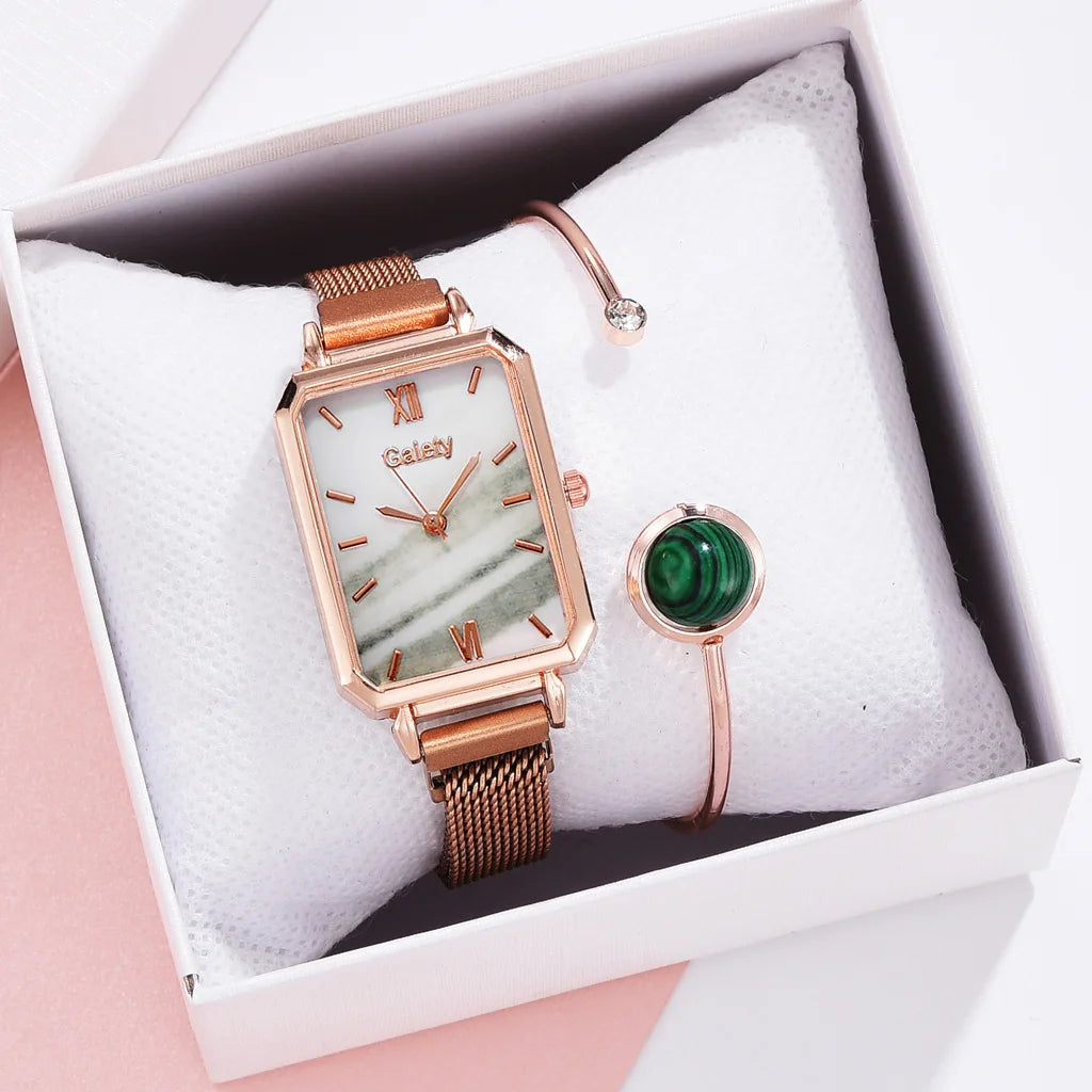 2pcs Set Women Watches Fashion Square Ladies Quartz Watch Bracelet Simple Rose Gold Mesh Luxury Women Watches Relogio Feminino