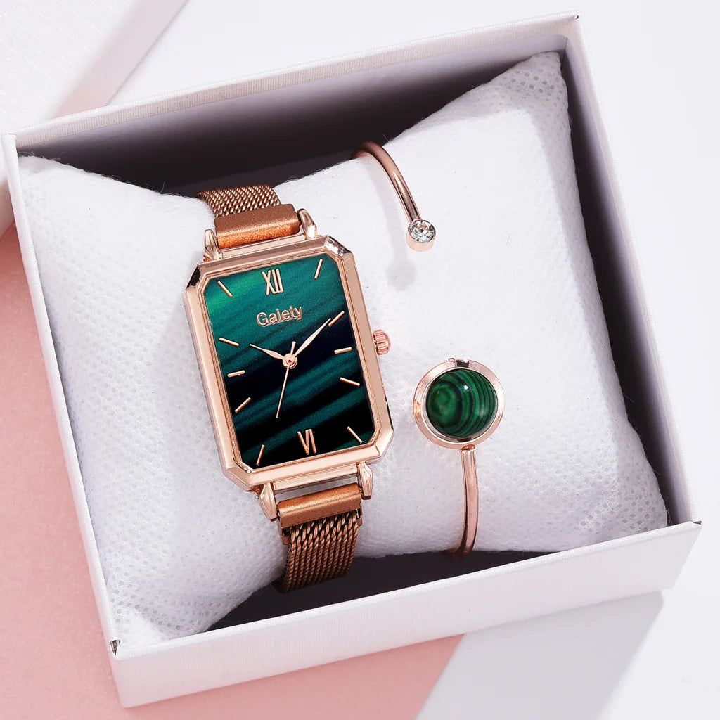 2pcs Set Women Watches Fashion Square Ladies Quartz Watch Bracelet Simple Rose Gold Mesh Luxury Women Watches Relogio Feminino