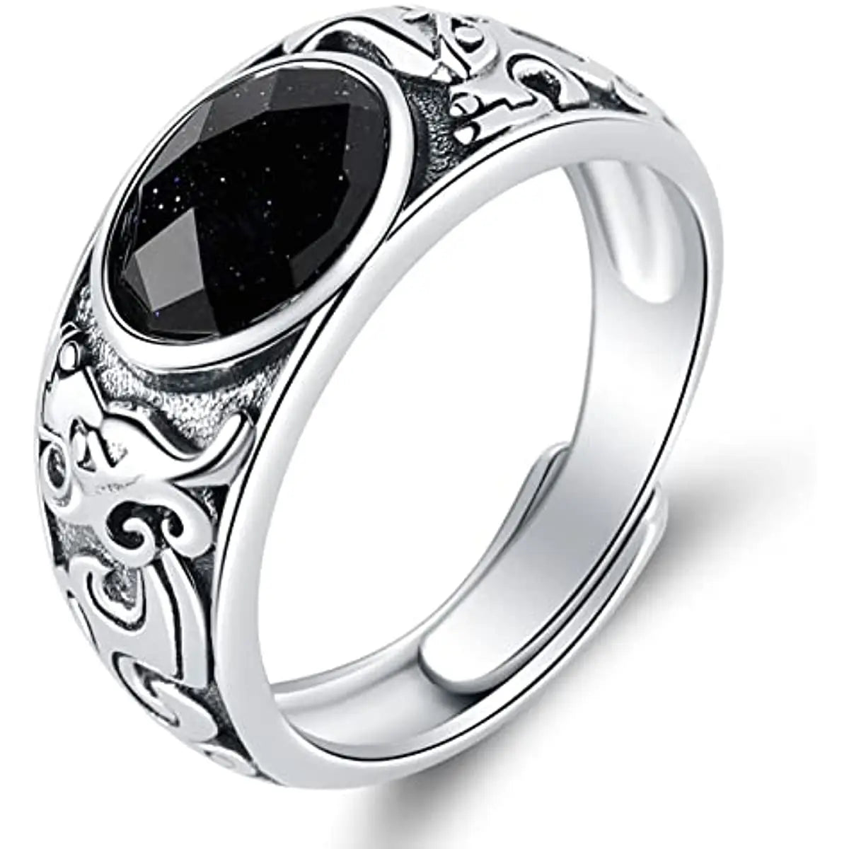 SA SILVERAGE 925 Sterling Silver Black Stone Adjustable Wedding Ring for Men Silver Band Statement Ring Wedding Bands