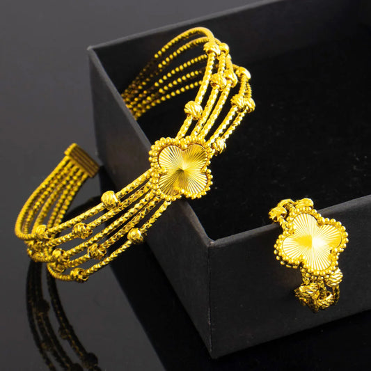 Exquisite Classic Gold Color Handwork Clover Adjustable Bangles Bracelet For Women Cuff Bracelet Gold Color Hand Ornament Gift