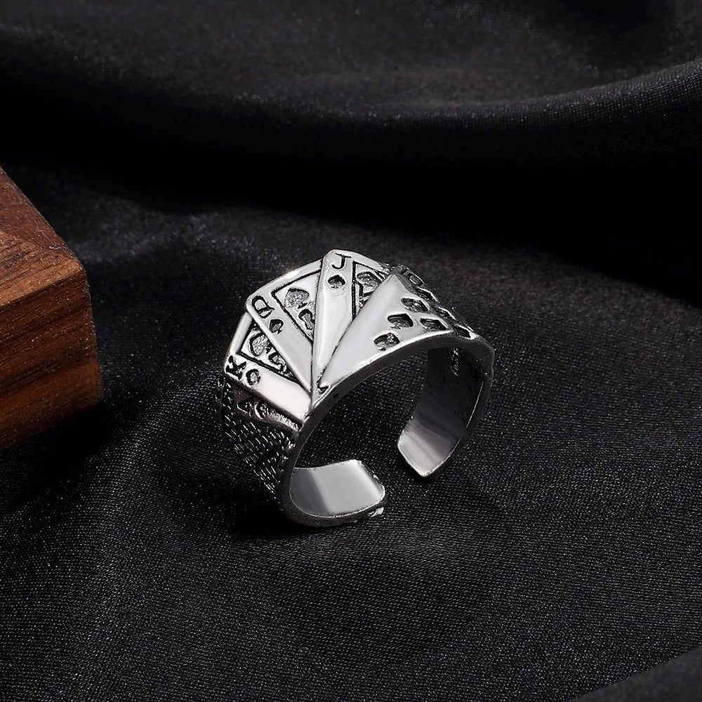 Punk Retro Metal Playing Card Ring Personality Hip Hop Rock Open Ring for Men Women Gothic Finger Jewellery Accessories Gifts