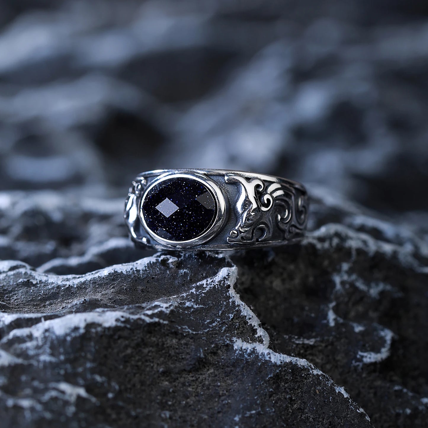 SA SILVERAGE 925 Sterling Silver Black Stone Adjustable Wedding Ring for Men Silver Band Statement Ring Wedding Bands