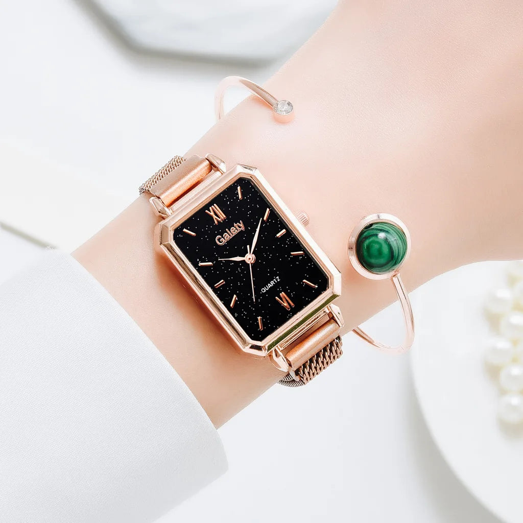 2pcs Set Women Watches Fashion Square Ladies Quartz Watch Bracelet Simple Rose Gold Mesh Luxury Women Watches Relogio Feminino