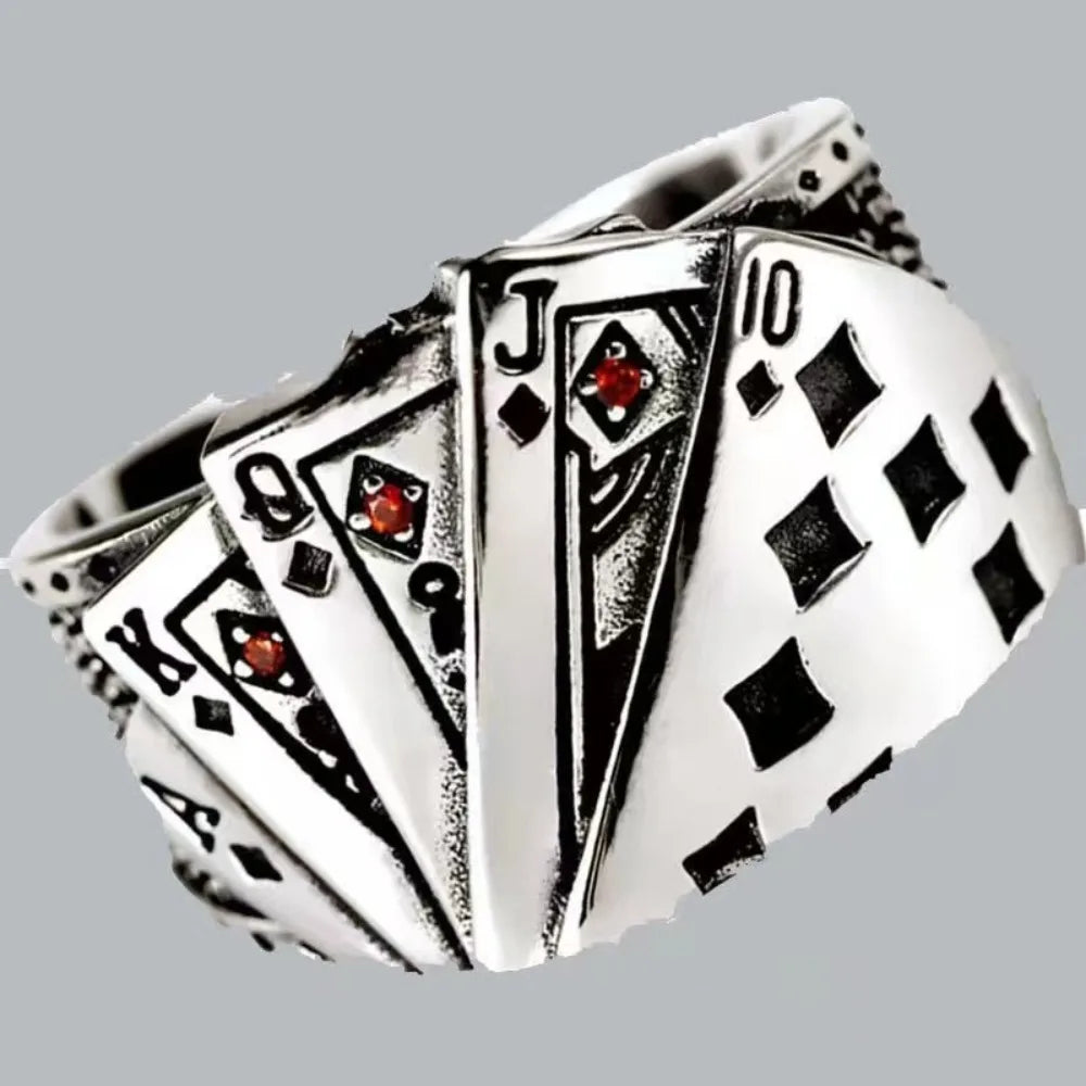 Punk Retro Metal Playing Card Ring Personality Hip Hop Rock Open Ring for Men Women Gothic Finger Jewellery Accessories Gifts