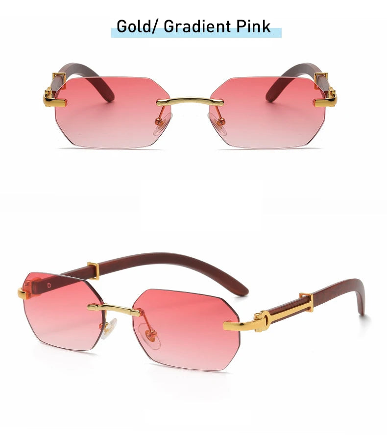 Trendy Rimless Sunglasses for Men Women Frameless Rectangle Wood Frame Sun Glasses Retro Shades Summer Traveling Eyewear UV400