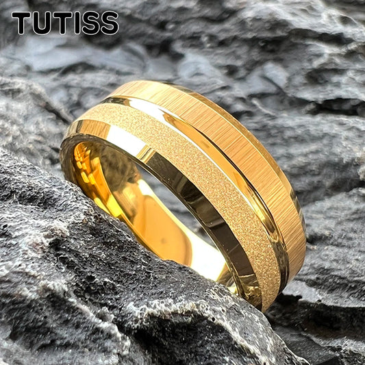 TUTISS 8mm Sandblasted Finish 14K Gold Plated Tungsten Ring for Men Women Fashion Engagement Wedding Band Comfort Fit