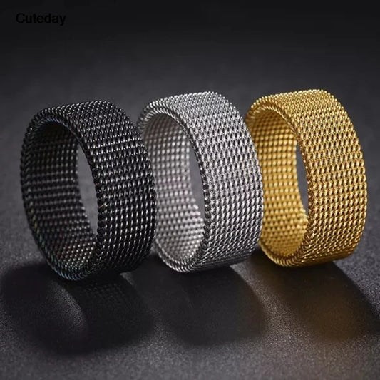 Hip Hop Stainless Steel Couple Ring Fashion Mesh Patterned Rings Simple Wedding Bands Women Men's Party Jewelry