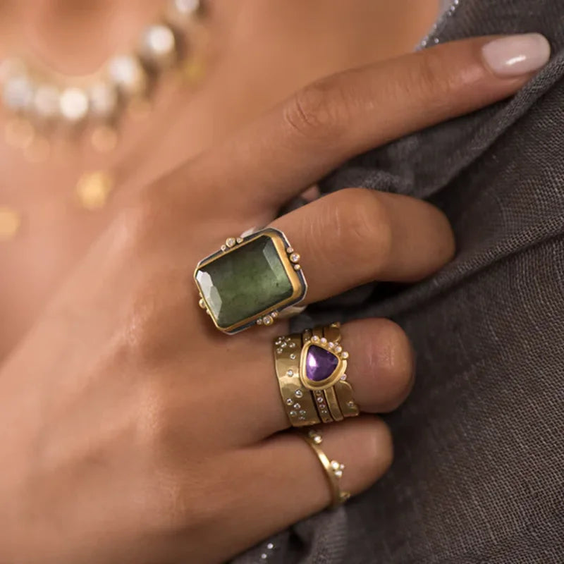 ORZTOON Fashion Niche Simple Square Shape Green Color Zircon Rings For Women Party Accessories Gifts Custom Jewelry ﻿2024 New