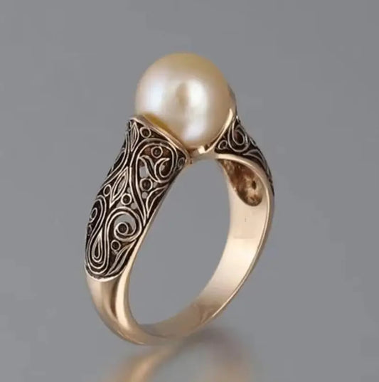 Antique Hollow Pattern Carving Inlay Pearl Ring For Women Birthday Accessories Gifts Trendy Custom Jewelry