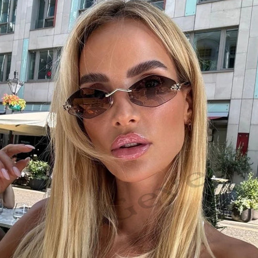 Fashion Small Polygonal Sunglasses for Women Luxury Brand Rmless Brown Rhombus Sun Glasses Woman Vintage Metal Shades Eyewear