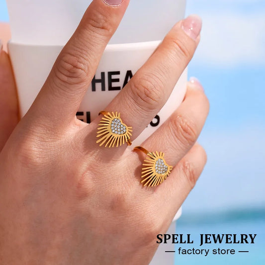 Radial Heart Rings In Stainless Steel With 18k Gold Plated Waterproof No Tarnish Inlaid Shiny Zircons Adjustable Ring For Women