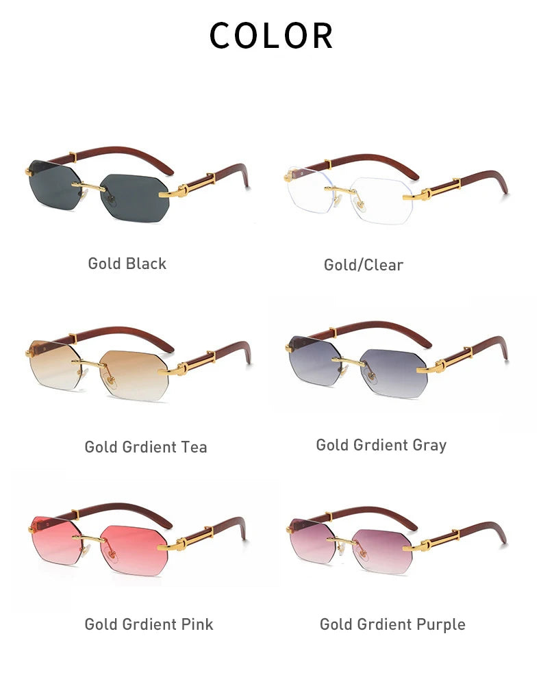 Trendy Rimless Sunglasses for Men Women Frameless Rectangle Wood Frame Sun Glasses Retro Shades Summer Traveling Eyewear UV400