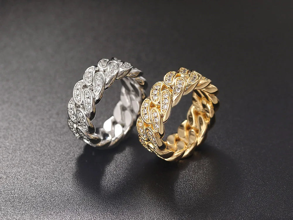 Hip Hop Cuban Link Ring For Women Men Hollow Crystal Zircon Gold Color Finger Rings Accessories Hippie Punk Jewelry OHR021