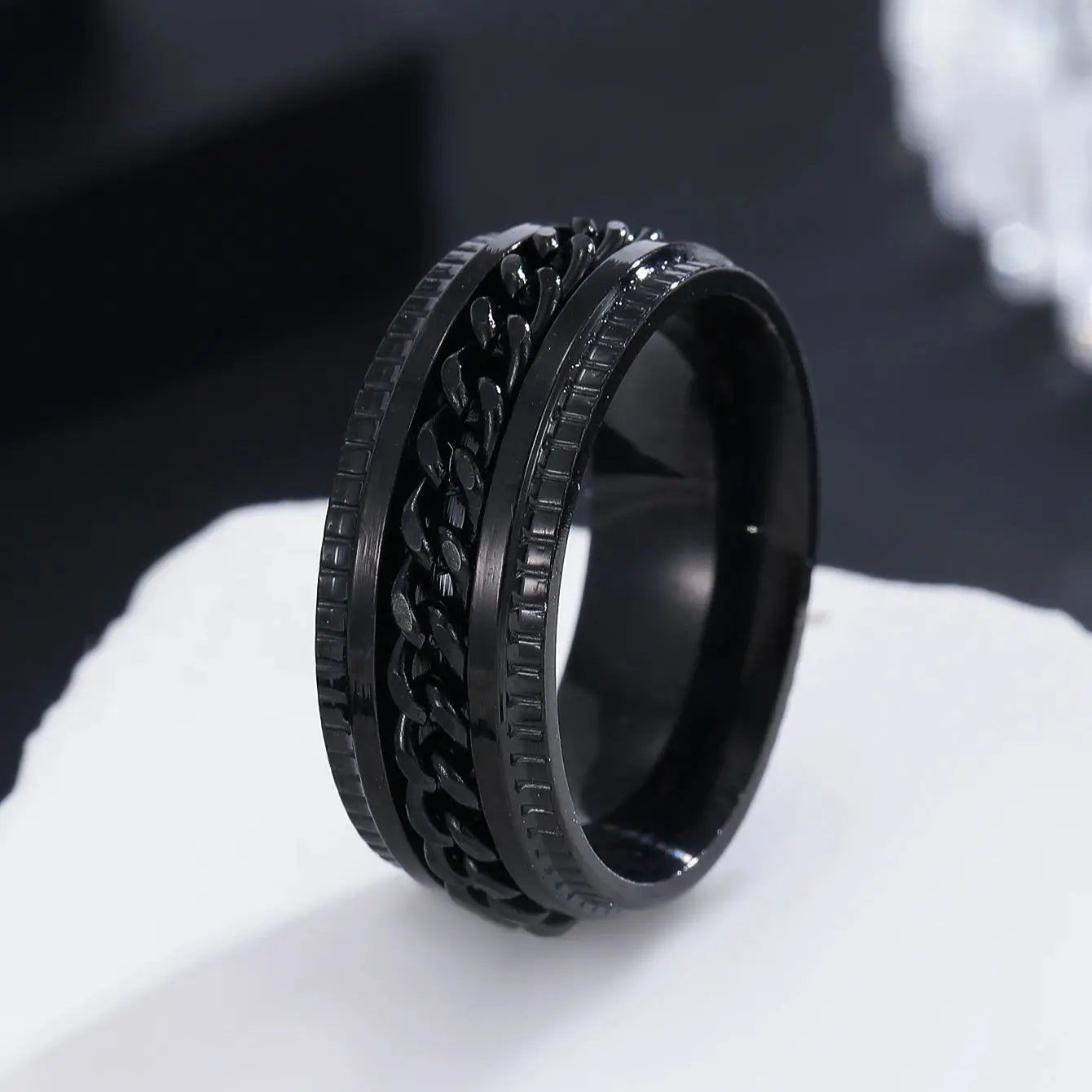 Hip Hop Punk Men Rings Stainless Steel Rotatable High Quality Black Anxiety Fidget Multifunctional Spinner Chain Rings Jewelry