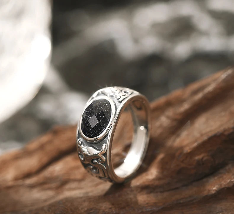 SA SILVERAGE 925 Sterling Silver Black Stone Adjustable Wedding Ring for Men Silver Band Statement Ring Wedding Bands